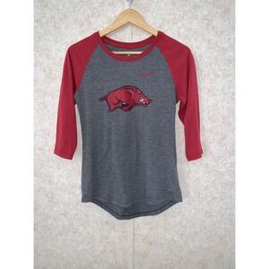 Nike Arkansas Razorbacks Dri-FIT 3/4 Sleeve Raglan Shirt Grey Red Womens XS